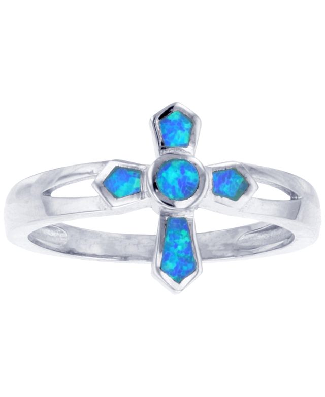 Lab-Grown Opal Inlay Cross Ring Sterling Silver