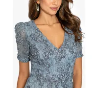 Xscape Women's Floral Soutache Sequin Puff-Sleeve Lace Gown