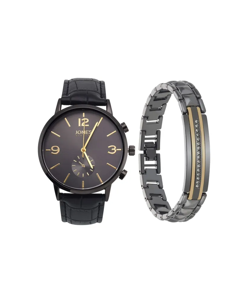 Jones New York Men's Analog Black Polyurethane Strap Watch, 42mm and Bracelet Set