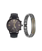 Jones New York Men's Analog Black Polyurethane Strap Watch, 42mm and Bracelet Set