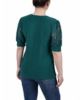 Women's Short Puff Sleeve Top with Lace Sleeves and Yoke