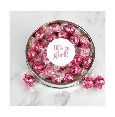 It's a Girl Baby Shower Candy Gift Tin with Chocolate Pink Lindor Truffles by Lindt Large Plastic Tin with Sticker