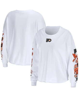 Women's Wear by Erin Andrews White Philadelphia Flyers Celebration Cropped Long Sleeve T-shirt