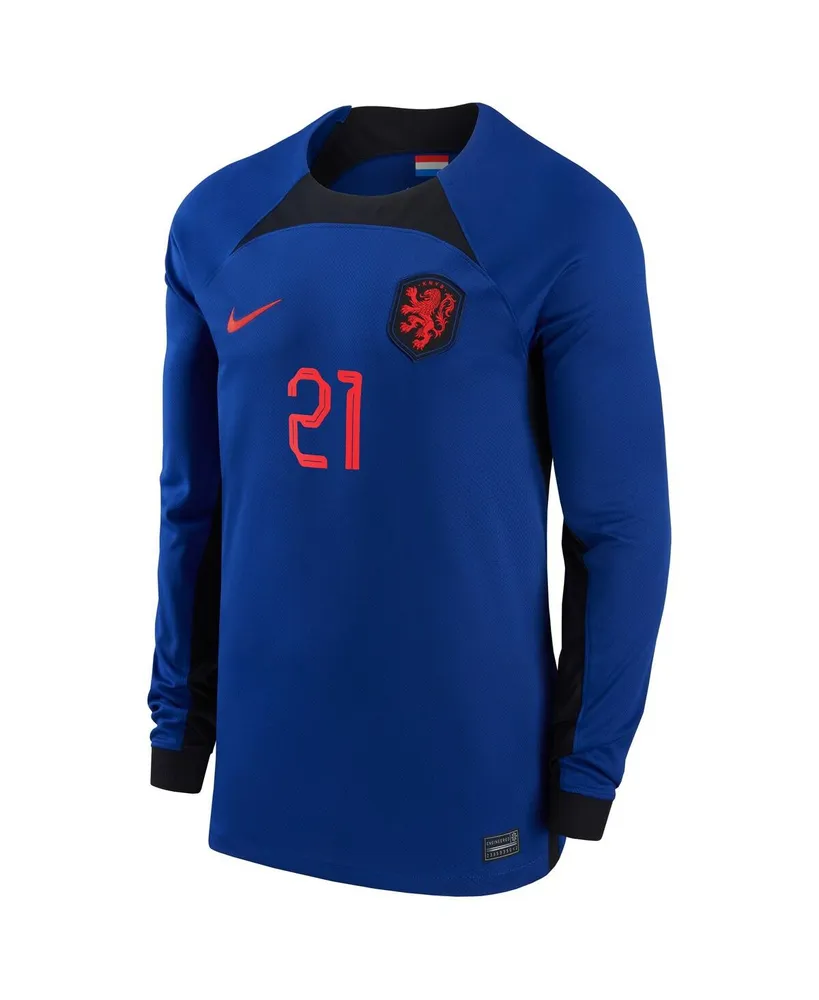 Men's Nike Frenkie de Jong Blue Netherlands National Team 2022/23 Away Breathe Stadium Replica Player Long Sleeve Jersey