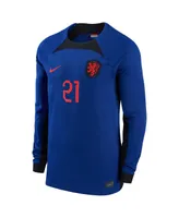 Men's Nike Frenkie de Jong Blue Netherlands National Team 2022/23 Away Breathe Stadium Replica Player Long Sleeve Jersey