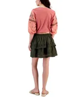 Lucky Brand Womens Embroidered Bubble Hem Peasant Top Cotton Embroidered Mini Skirt