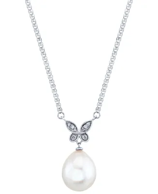Cultured Freshwater Pearl (11mm) & Diamond Accent Butterfly 16" Pendant Necklace 14k White Gold