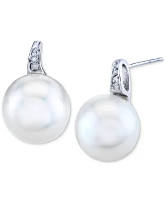 Cultured Freshwater Pearl (11mm) & Diamond Accent Earrings Stud Earrings in 10k White Gold
