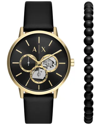 A|X Armani Exchange Men's Multifunction Black Leather Strap Watch, 42mm and Black Onyx Beaded Bracelet Set