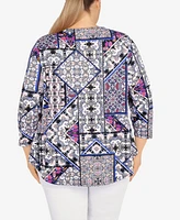 Ruby Rd. Plus Size Knit Folk Patchwork Puff Print Top