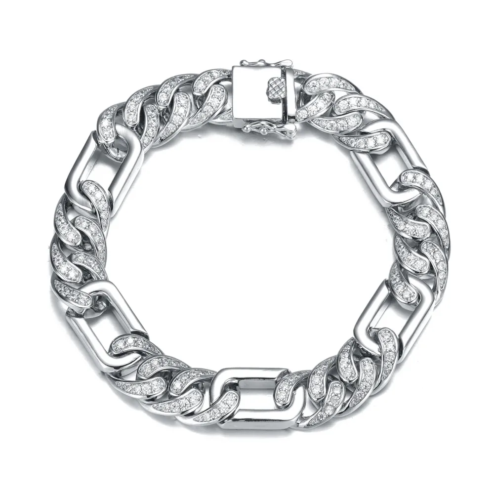 Genevive Men's Sterling Silver White Gold Plated with Iced Out Cubic Zirconia Oblong Curb Chain Bracelet