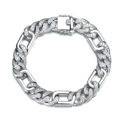 Genevive Men's Sterling Silver White Gold Plated with Iced Out Cubic Zirconia Oblong Curb Chain Bracelet