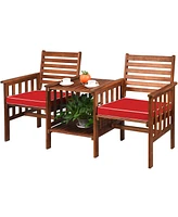 Costway Patio Loveseat Conversation Set Acacia Wood Chair Coffee Table