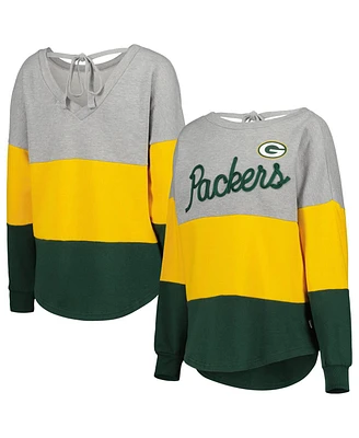 Women's Touch Heathered Gray, Green Bay Packers Outfield Deep V-Back Pullover Sweatshirt