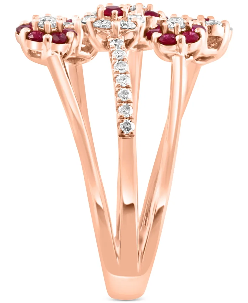 Lali Jewels Ruby (1/2 ct. t.w.) & Diamond (3/8 ct. t.w.) Three Row Flower Cuff Ring in 14k Rose Gold