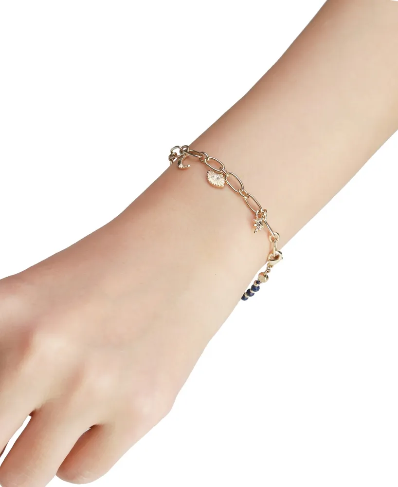 Unwritten Cubic Zirconia Evil Eye, Moon and Star Bead Chain Bracelet - Gold
