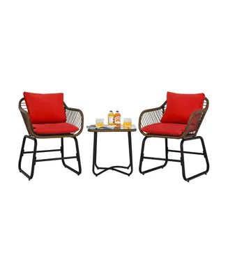 Costway 3PCS Patio Rattan Bistro Set Cushioned Chair Glass Table Deck