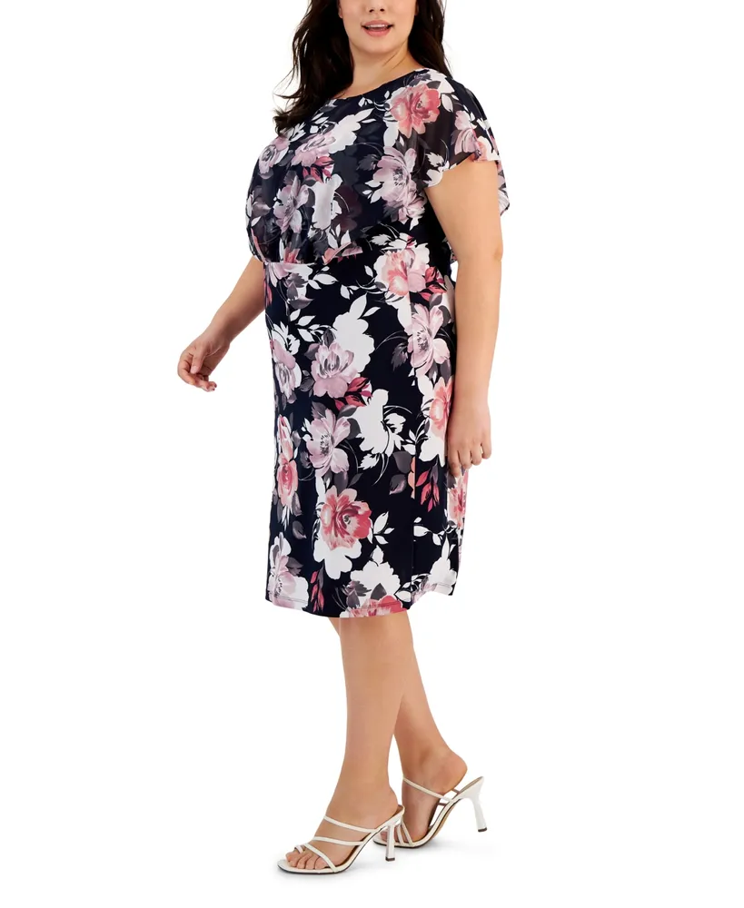 Connected Plus Floral-Print Flutter-Sleeve Midi Dress