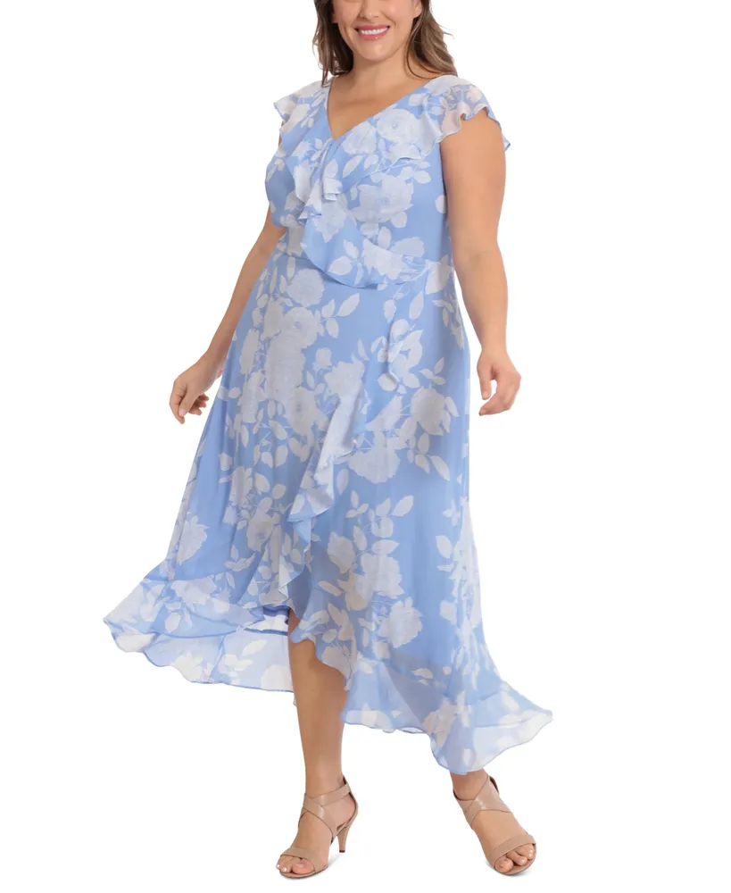 London Times Plus Size Ruffled Floral-Print Faux-Wrap Dress