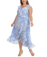 London Times Plus Size Ruffled Floral-Print Faux-Wrap Dress