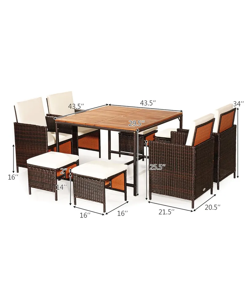 Costway 9PCS Patio Rattan Dining Set Cushioned Chairs Ottoman Wood Table Top