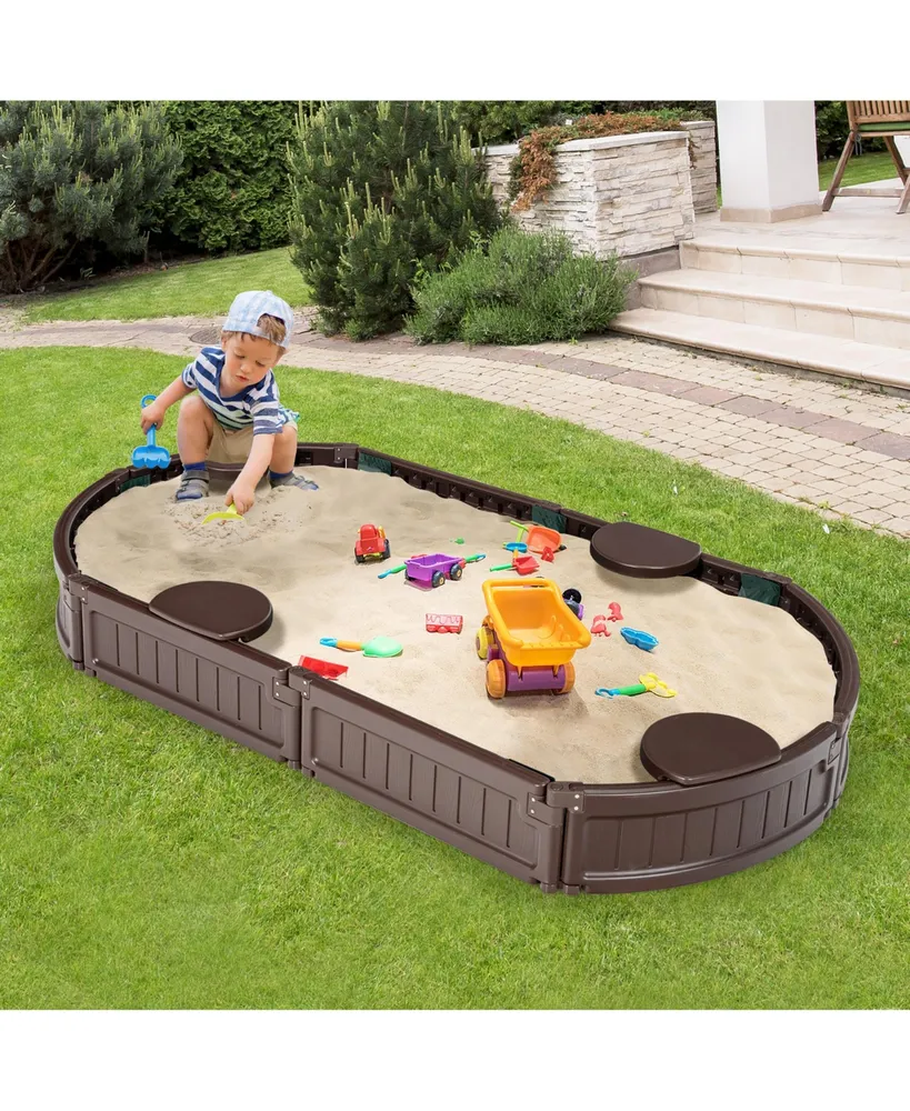 6F Wooden Sandbox w/Built-in Corner Seat, Cover, Bottom Liner for Outdoor Play
