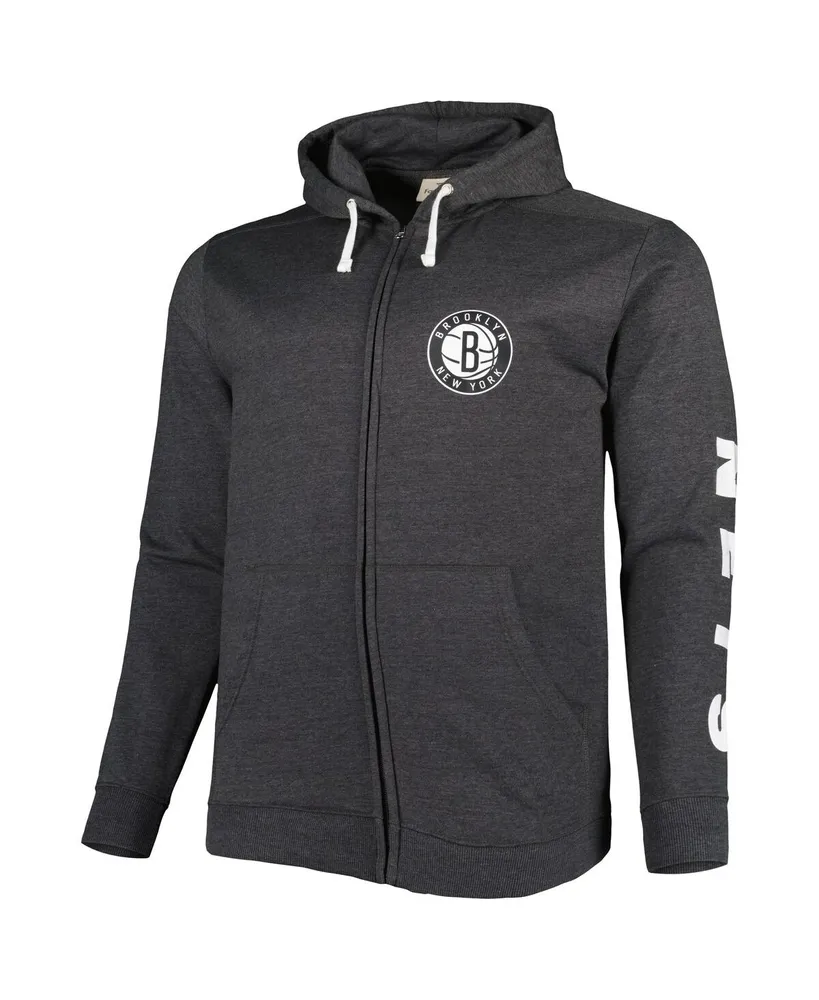 Men's Fanatics Heathered Black Brooklyn Nets Big and Tall Down Distance Full-Zip Hoodie