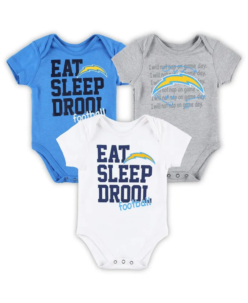Newborn and Infant Boys Girls Powder Blue, White, Heather Gray Los Angeles Chargers Three-Piece Eat Sleep Drool Bodysuit Set