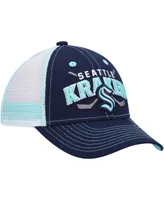 Big Boys and Girls Deep Sea Blue and White Seattle Kraken Core Lockup Trucker Snapback Hat