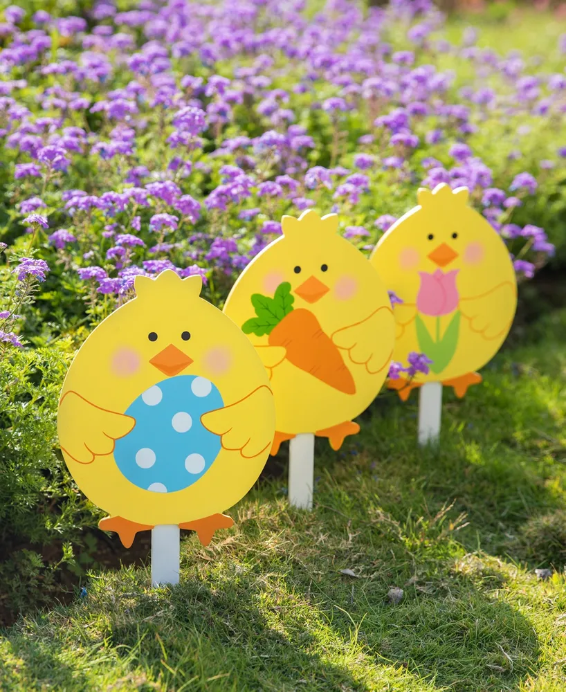 Glitzhome 15" H Easter Wooden Chick Pick, Yard Stake, Set of 3