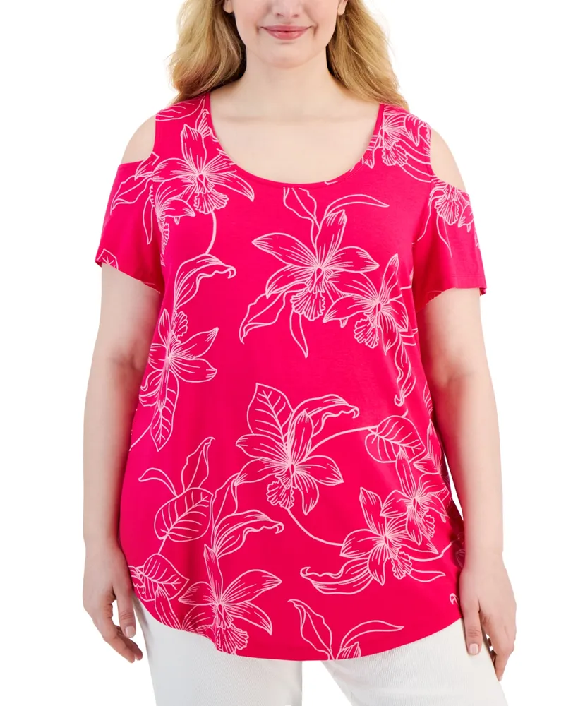 Jm Collection Plus Short Sleeve Cold Shoulder Printed Top, Created for  Macy's