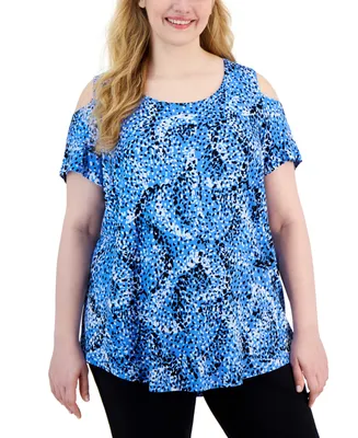 Jm Collection Plus Spotted Rain Cold-Shoulder Top, Created for Macy's