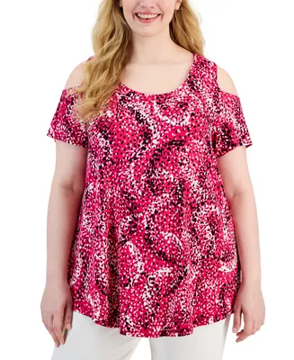 Jm Collection Plus Size Spotted Rain Cold-Shoulder Top, Created for Macy's