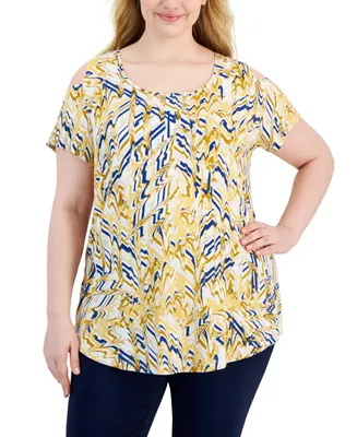 Jm Collection Plus Short Sleeve Cold Shoulder Printed Top, Created for Macy's