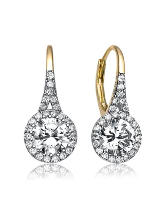 Genevive Sterling Silver Clear Round Cubic Zirconia Partially Paved and Haloed Solitaire Drop Earrings
