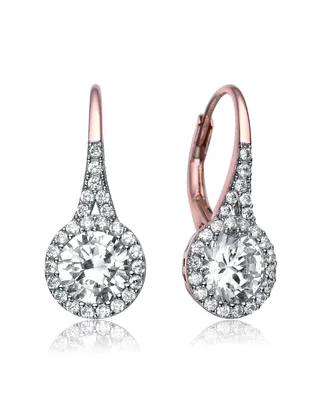 Genevive Sterling Silver Clear Round Cubic Zirconia Partially Paved and Haloed Solitaire Drop Earrings