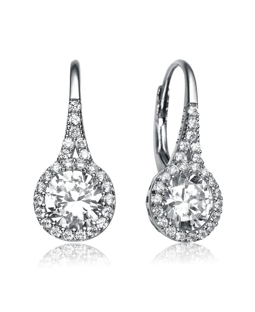 Genevive Sterling Silver Clear Round Cubic Zirconia Partially Paved and Haloed Solitaire Drop Earrings