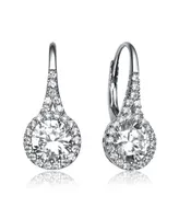 Genevive Sterling Silver Clear Round Cubic Zirconia Partially Paved and Haloed Solitaire Drop Earrings