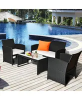 4PCS Outdoor Patio Rattan Furniture Conversation Set Cushioned Sofa Coffee Table