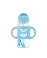 Dr. Browns Baby Wide-Neck Sippy Straw Bottle with 100% Silicone Handles, 9oz, Blue