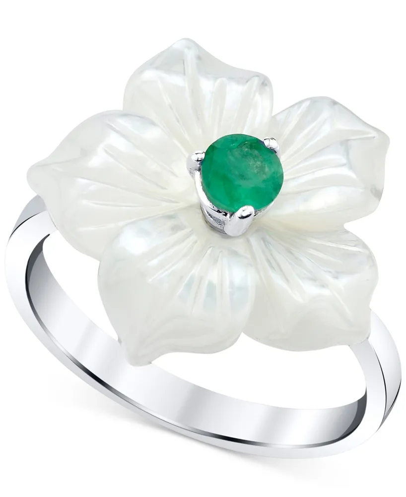Mother-of-Pearl (18mm) & Emerald (1/3 ct. t.w.) Flower Statement Ring in Sterling Silver