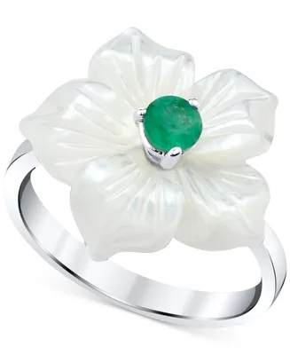 Mother-of-Pearl (18mm) & Emerald (1/3 ct. t.w.) Flower Statement Ring in Sterling Silver