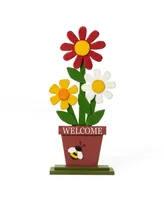 Glitzhome 30" H Wooden Trio Flowers Welcome Porch Decor