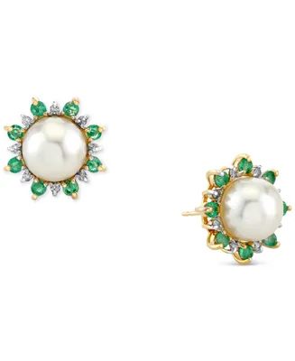 Cultured Freshwater Pearl (8mm), Emerald (5/8 ct. t.w.) & Diamond (1/8 ct. t.w.) Stud Earrings in 10k Gold