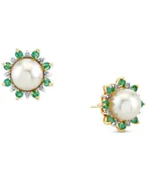 Cultured Freshwater Pearl (8mm), Emerald (5/8 ct. t.w.) & Diamond (1/8 ct. t.w.) Stud Earrings in 10k Gold