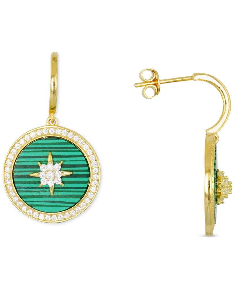 Lab-Grown Malachite & Cubic Zirconia Dangle Disc Drop Earrings