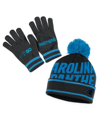 Women's Wear by Erin Andrews Black Carolina Panthers Double Jacquard Cuffed Knit Hat with Pom and Gloves Set