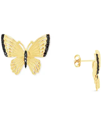 Jet Pave Butterfly Stud Earrings Sterling Silver or 14k Gold Over