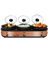 MegaChef Triple 2.5 Quart Slow Cooker and Buffet Server in Brushed Copper and Black Finish with 3 Ceramic Cooking Pots and Removable Lid Rests