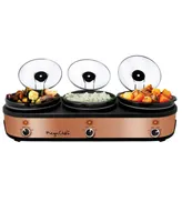 Megachef Triple 2.5 Quart Slow Cooker and Buffet Server in Brushed Copper and Black Finish with 3 Ceramic Cooking Pots and Removable Lid Rests